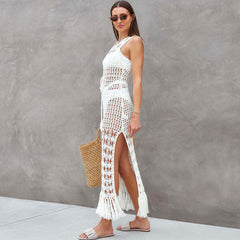 Cutout Back Crochet Open Knit Side Split Fringe Brazilian Beach Cover Up
