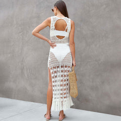 Cutout Back Crochet Open Knit Side Split Fringe Brazilian Beach Cover Up