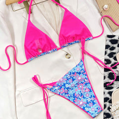 Floral Neon Tie String Cheeky Slide Triangle Brazilian Two Piece Bikini