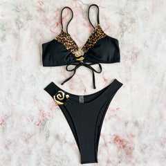High Leg Swirl Ring Leopard Contrast Ribbed Brazilian Two Piece Bikini