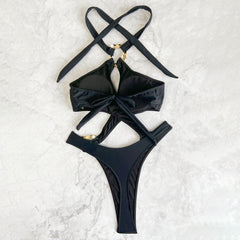 High Leg Thong Metal Ring Cut Out Halter Brazilian One Piece Swimsuit