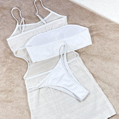 Sheer Cover Up String Bandeau Brazilian Three Piece Bikini
