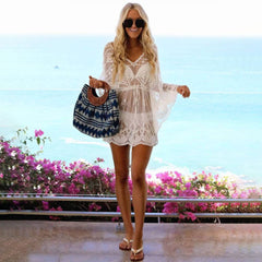 Sheer Lace Scalloped Sleeved Brazilian Beach Crochet Cover Up