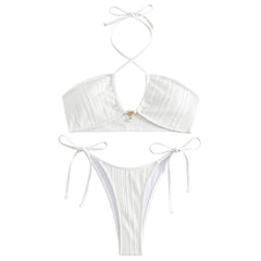 Solid Tie String Cheeky Textured Halter Brazilian Two Piece Bikini
