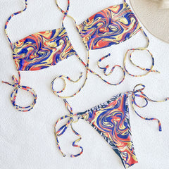 Spiral Printed Tie String Wrap Halter Brazilian Two Piece Bikini