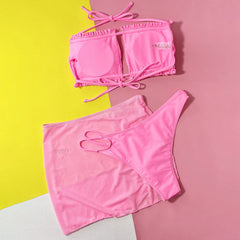 String Cheeky Ruffle Bandeau Cutout Brazilian Three Piece Bikini