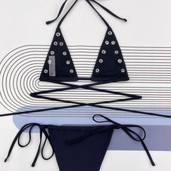 Studded Tie String Cheeky Thong Micro Triangle Brazilian Two Piece Bikini