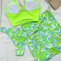 Swirl Print High Cut Tie String Halter Brazilian Three Piece Bikini