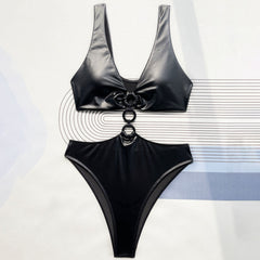Vinyl O Ring Cutout V Neck Cheeky Monokini Brazilian One Piece Swimsuit