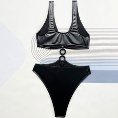 Vinyl O Ring Cutout V Neck Cheeky Monokini Brazilian One Piece Swimsuit