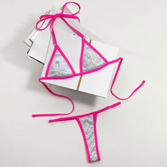 Shimmer Gingham String Cheeky Thong Micro Triangle Brazilian Two Piece Bikini