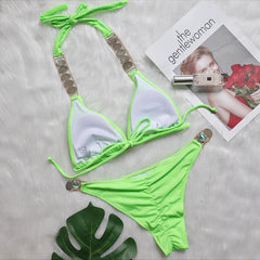 Sparkling Crystal Ribbed Halter Slide Triangle Brazilian Two Piece Bikini