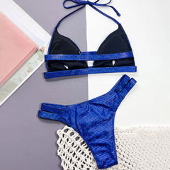 Sparkly Gingham Cheeky High Cut Triangle Brazilian Two Piece Bikini