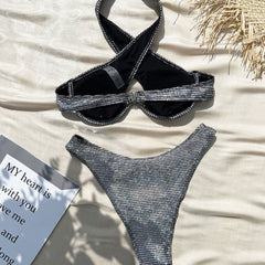 Sparkly Gingham High Cut Underwire Wrap Halter Brazilian Two Piece Bikini