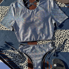 Sparkly Gingham Lace Up Mid Waist Short Sleeve Cropped Rash Guard Swimsuit