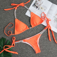Sparkly Rhinestone Slide Triangle Brazilian Two Piece Bikini