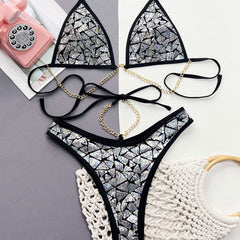 Sparkly Sequin Chain Link Cheeky Triangle Brazilian Two Piece Bikini