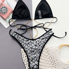 Sparkly Sequin Chain Link Cheeky Triangle Brazilian Two Piece Bikini