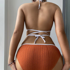 Strappy Ribbed Contrast Color Halter Triangle Brazilian Two Piece Bikini