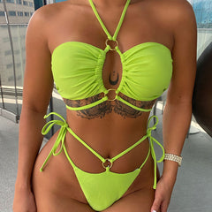 Strappy Ruched Thong Cutout O Ring Halter Brazilian Two Piece Bikini