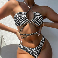 Strappy Zebra Print High Cut Halter Wrap Brazilian Two Piece Bikini