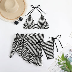 Striped Textured Tie String Ruffle Slide Triangle Halter Brazilian Three Piece Bikini