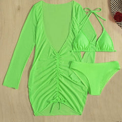 Stylish Cover Up Crossed Trim Slide Triangle Brazilian Three Piece Bikini