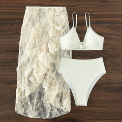 Sweet Floral Lace Cover Up High Waist Knot Front Brazilian Three Piece Bikini