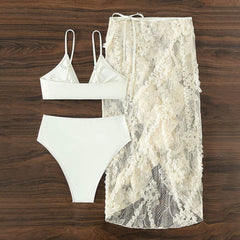 Sweet Floral Lace Cover Up High Waist Knot Front Brazilian Three Piece Bikini
