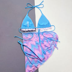 Sweet Wavy Tie Dye Tie String Ruffle Triangle Brazilian Three Piece Bikini
