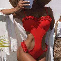 Trendy Ruffle Cut Out Underwire Monokini Brazilian One Piece Swimsuit