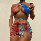 Tropic Striped String Wrap Around Cross Brazilian Three Piece Bikini
