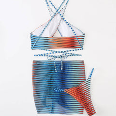 Tropic Striped String Wrap Around Cross Brazilian Three Piece Bikini