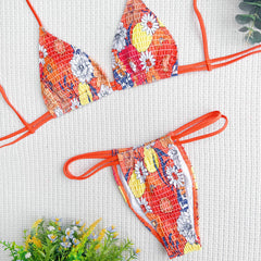 Tropical Floral String Slide Smocked Triangle Brazilian Two Piece Bikini
