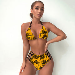 Tropical Palm Print Cut Out Slide Triangle Brazilian Two Piece Bikini