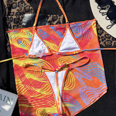 Tropical Stripe String Thong Slide Micro Triangle Brazilian Three Piece Bikini