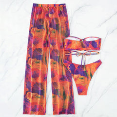 Tropical Tie Dye Cover Up High Cut Wrap Bandeau Brazilian Three Piece Bikini