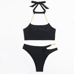 Unique Cutout Cheeky Chain Link Halter Brazilian Two Piece Bikini