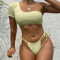 Unique Tie String Sleeved Rib One Shoulder Brazilian Two Piece Bikini