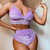 Velvet Leopard High Cut High Waist V Neck Brazilian Two Piece Bikini