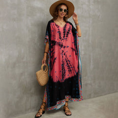 Vibrant Printed V Neck Short Sleeve Cotton Blend Caftan Beach Cover Up