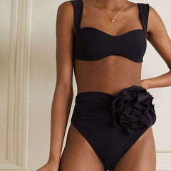 Vintage 3D Flower Ruched High Waist Bralette Brazilian Two Piece Bikini