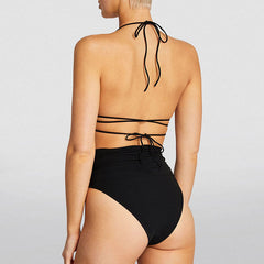 Vintage 3D Flower Ruched High Waist Wrap Triangle Brazilian Two Piece Bikini