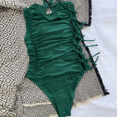 Vintage Ruched Tie Side String High Neck Brazilian One Piece Swimsuit
