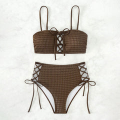 Vintage Textured High Waist Lace Up Cutout Bralette Brazilian Two Piece Bikini