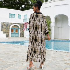 Vintage Tie Dye Print Collared V Neck Brazilian Caftan Cover Up Midi Dress