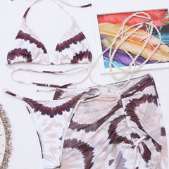 Vintage Tie Dye Skirt String Cheeky Wrap Halter Brazilian Three Piece Bikini