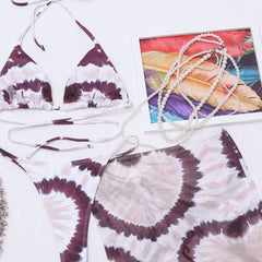 Vintage Tie Dye Skirt String Cheeky Wrap Halter Brazilian Three Piece Bikini