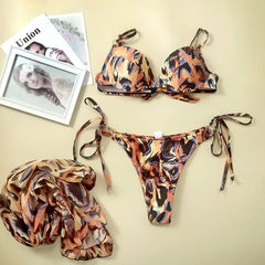 Wild Leopard O Ring Tie String Underwire Brazilian Three Piece Bikini