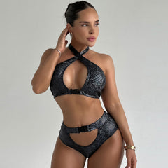 Wild Snake Cut Out Buckle Crisscross Halter Brazilian Two Piece Bikini
